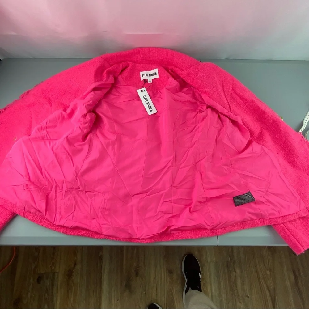 Steve Madden Naomi Hot Pink Fringed Tweed Blazer
